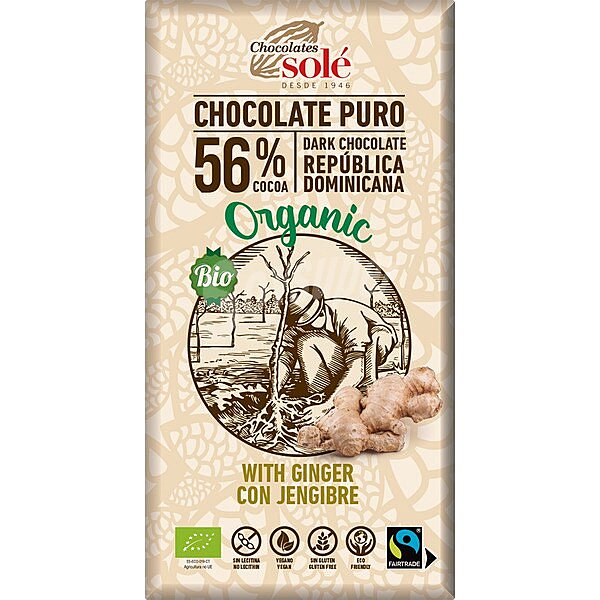 Sole Organic Bio chocolate 73% cacao de República Dominicana con jengibre ecológico sin gluten