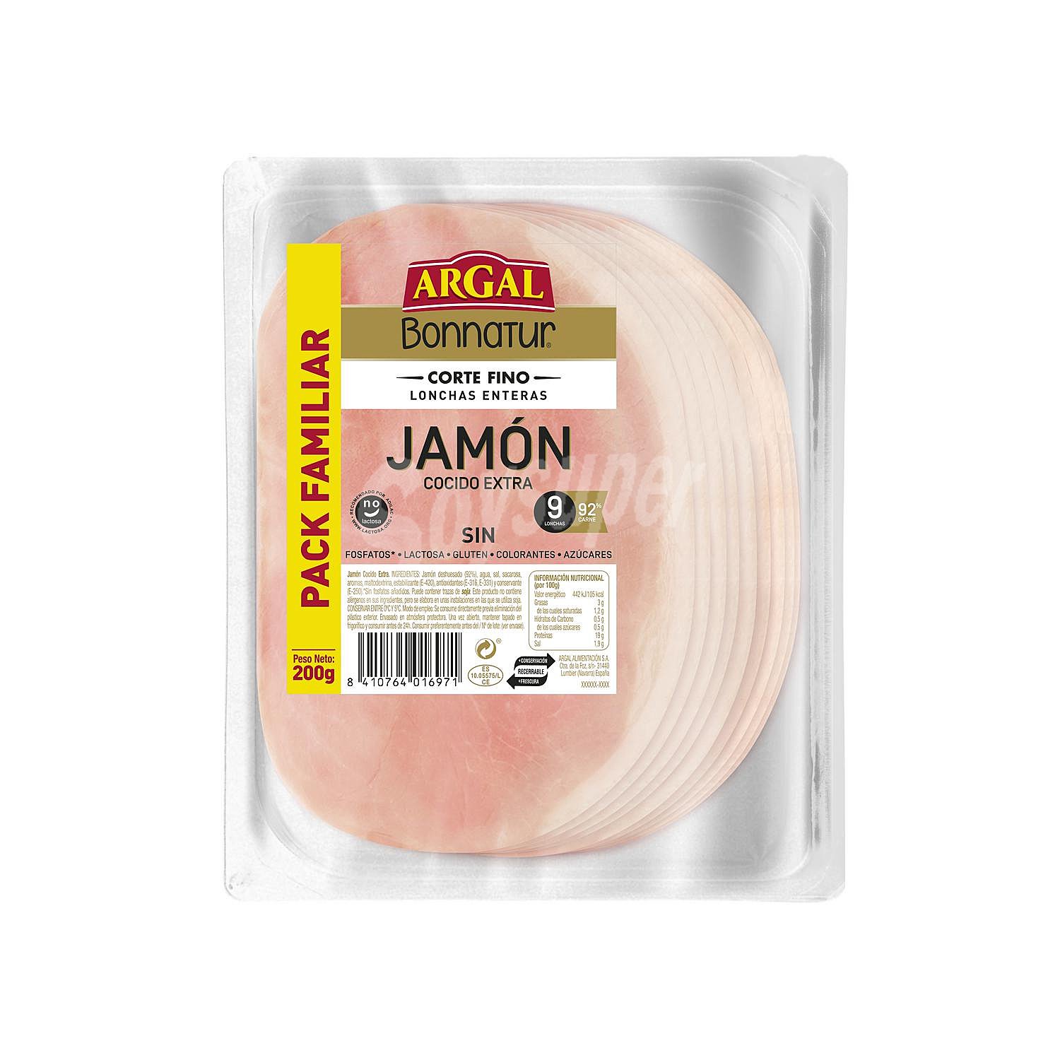 Jamón cocido finas lonchas Argal Bonnatur sin gluten sin lactosa