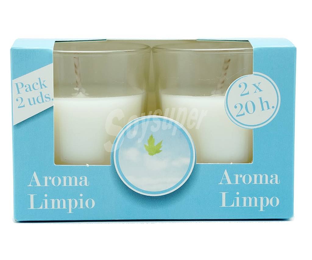 2 velas color blanco, fragancia aire limpio en vaso transparente ambientair