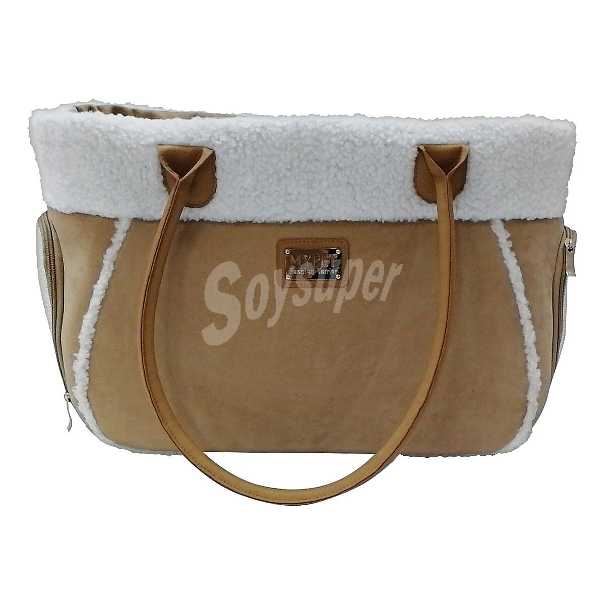 Bolso transportín para perros y gatos ante beige y borrego 41x30x18 cm