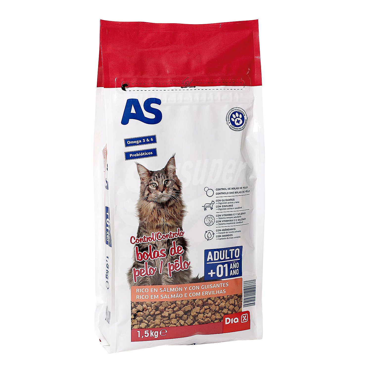 Alimento para gatos control bolas de pelo rico en salmón con guisantes As