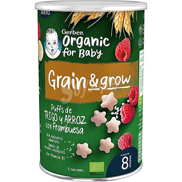 Grain & grow Organic Puffs de trigo y arroz con frambuesa a partir de 8 meses lata 35 g procedente de agricultura ecológica