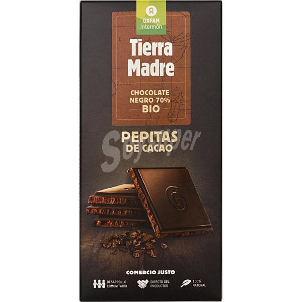 Chocolate negro 70% pepitas de cacao bio