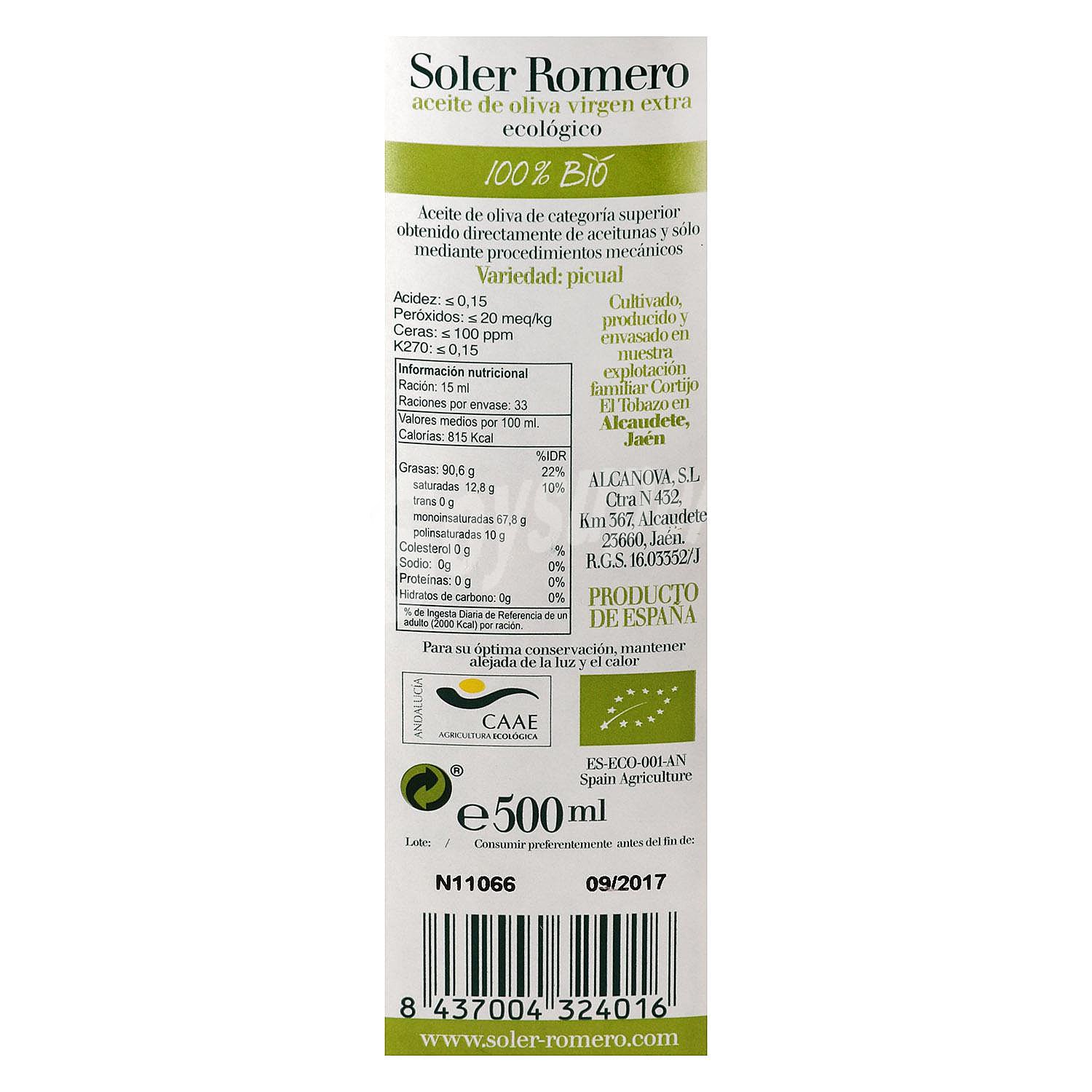 Aceite de oliva virgen extra ecológico Soler Romero