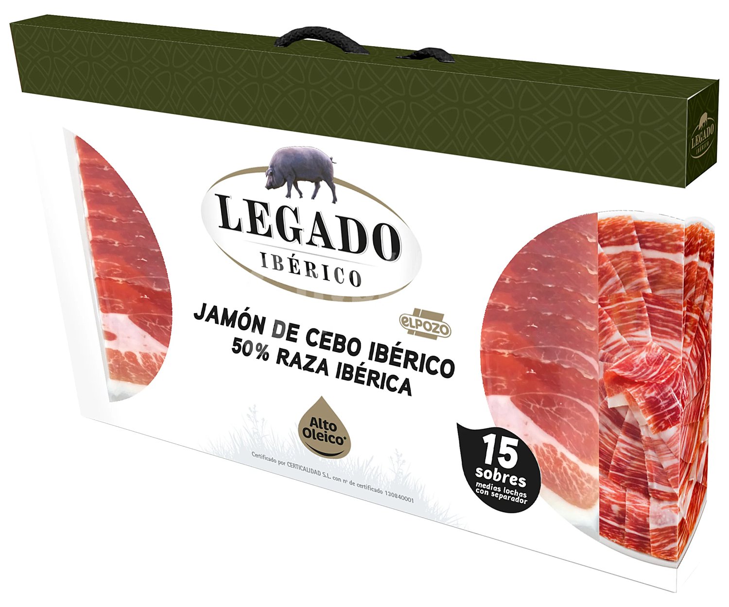 Estuche con 15 sobres de jamón de cebo ibérico (50% raza ibérica) cortado en medias lonchas con separador ibérico