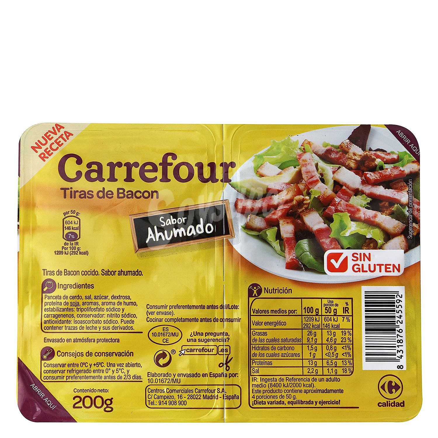 Tiras de bacon sabor ahumado Carrefour sin gluten