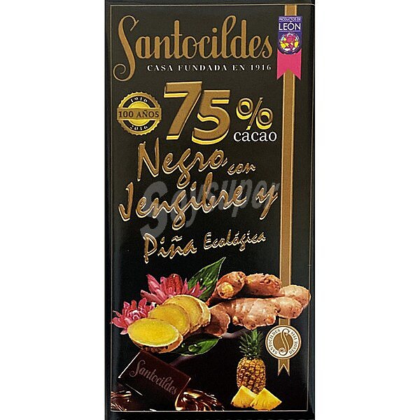 Chocolate negro 75% cacao con jengibre y piña ecológica