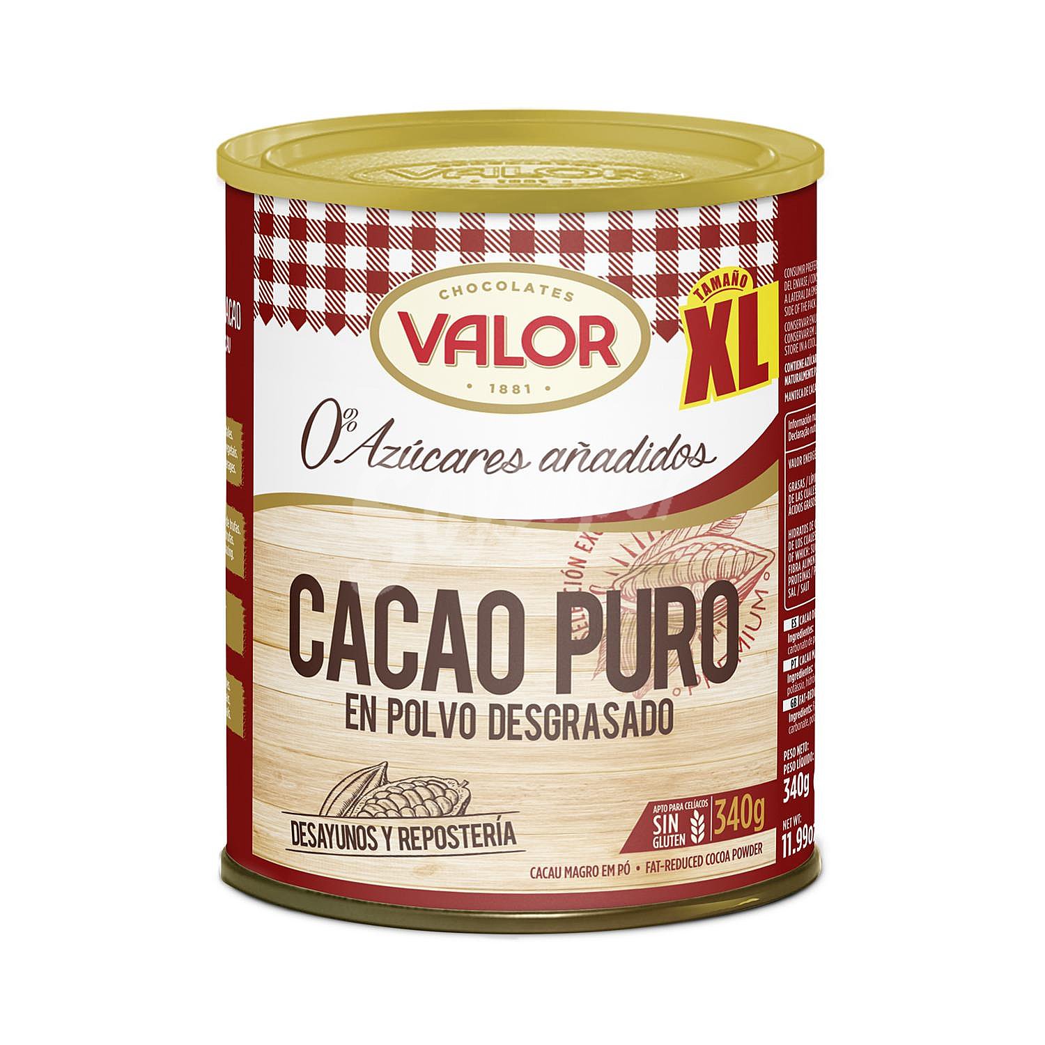 Cacao soluble desgrasado Valor sin gluten y sin lactosa