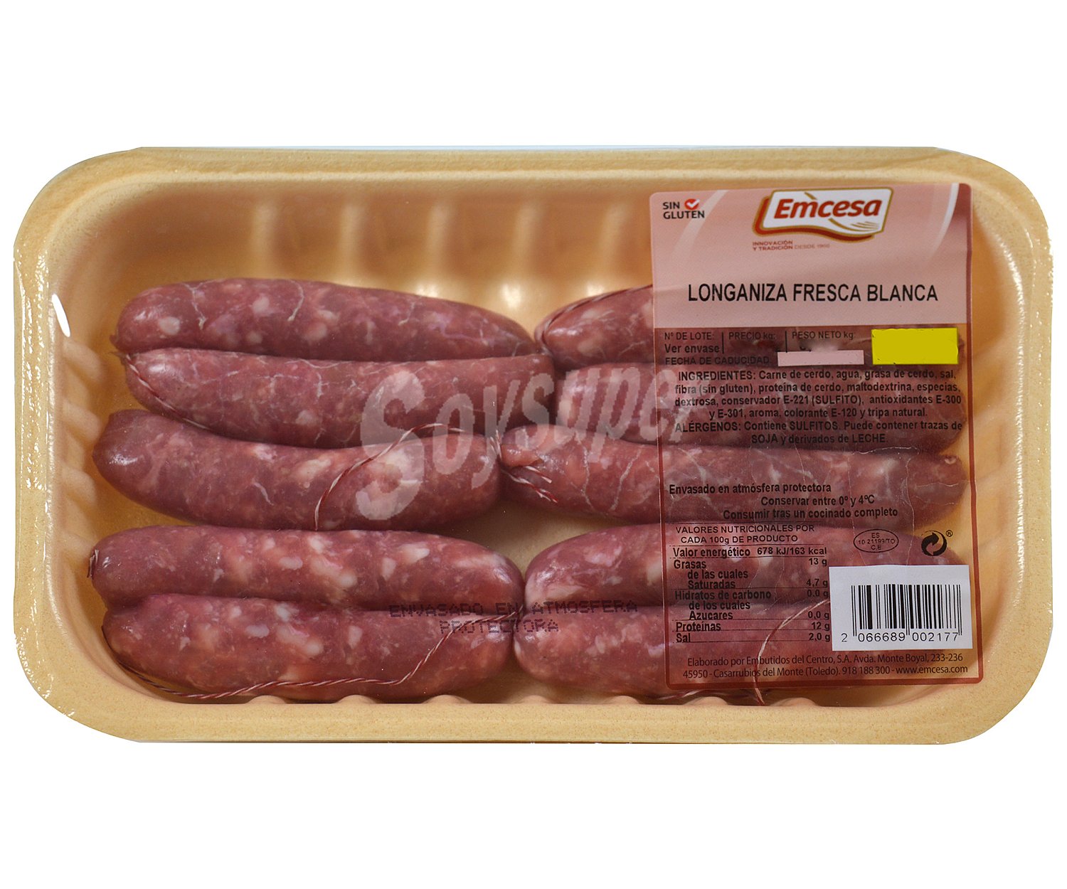 Bandeja de longanizas frescas blancas, elaboradas sin gluten