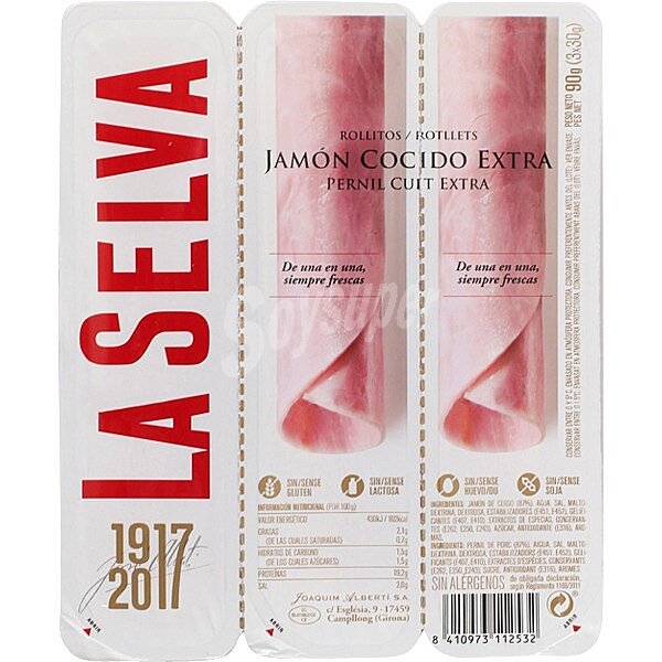 Jamón cocido extra en rollitos sin gluten sin lactosa pack 3 x 30 G