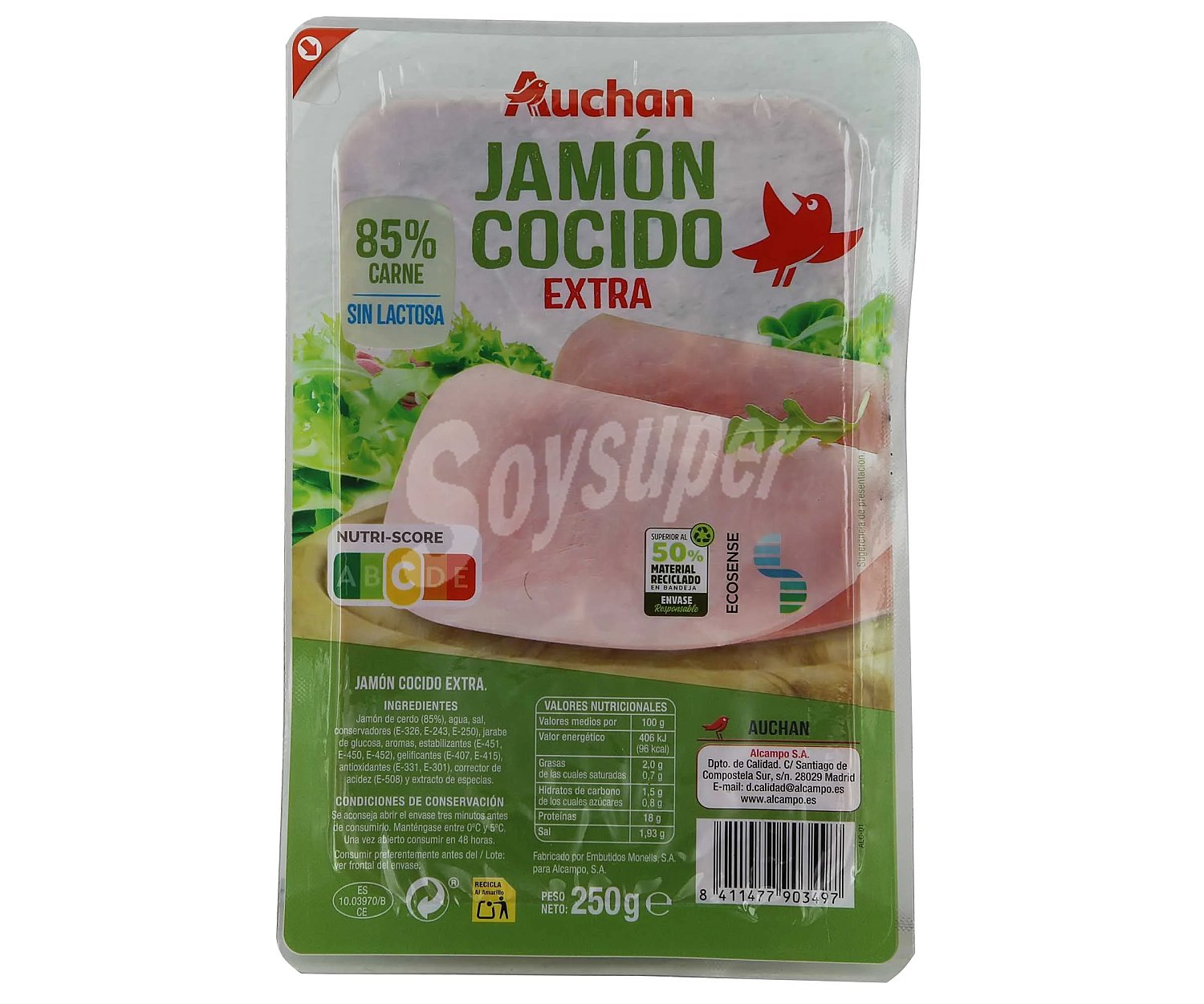 Producto alcampo Jamón cocido de categoria extra, cortado en lonchas producto alcampo