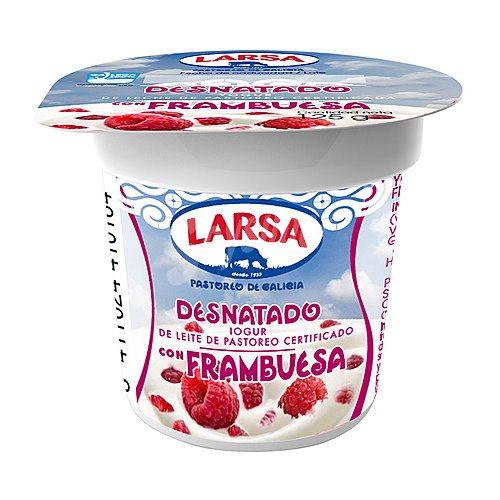 Larsa Yogur desnatado con frambuesas elaborado con leche certificada de pastoreo gallego larsa