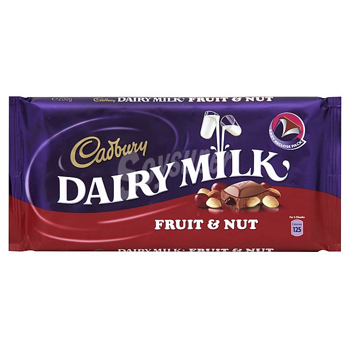 Dairy Milk Fruit & Nut chocolate con leche avellanas y pasas