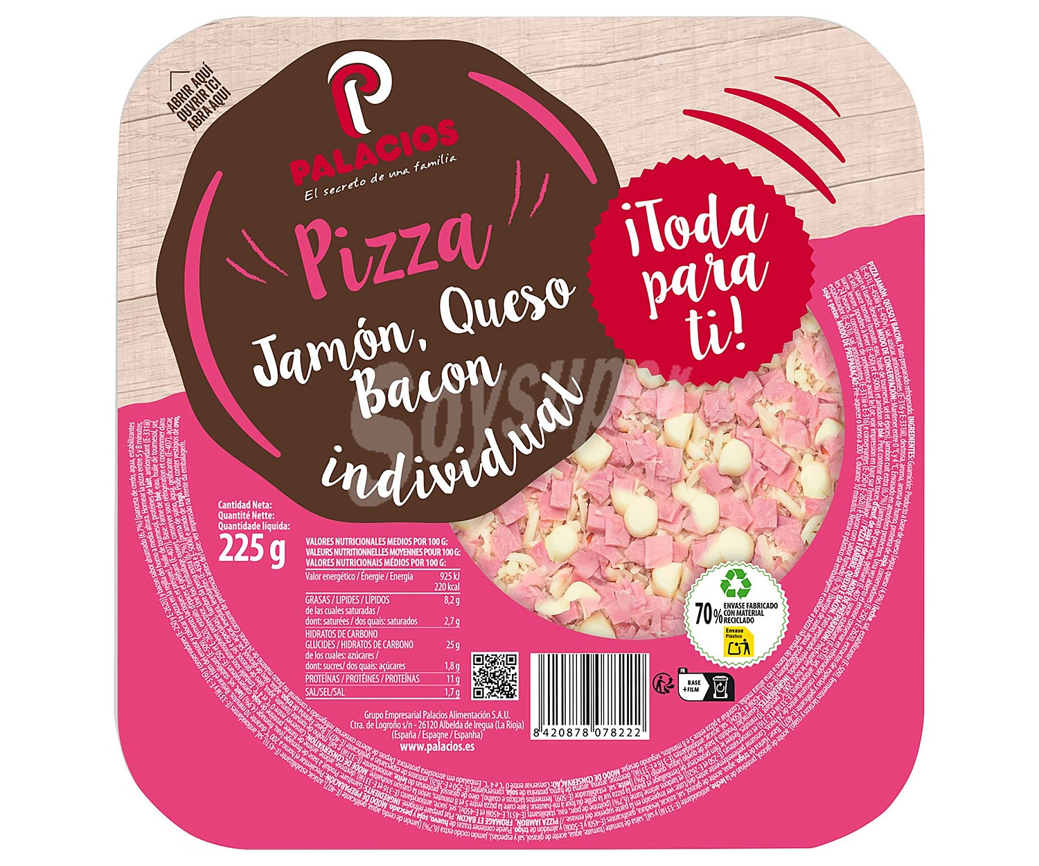 Palacios Mini pizza de jamón, queso y bacon, ideal para microondas palacios