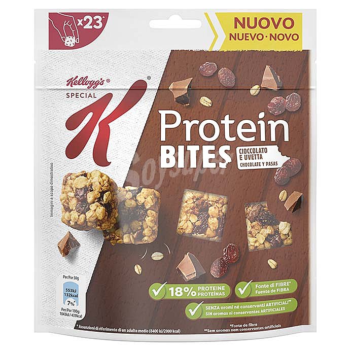 Cereales snacks con pasas y chocolate con proteínas