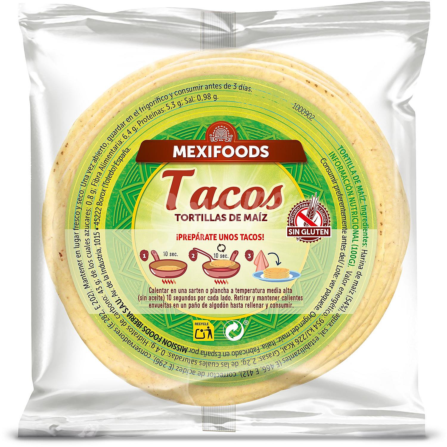 Tortillas de máiz Tacos Mexifoods sin gluten