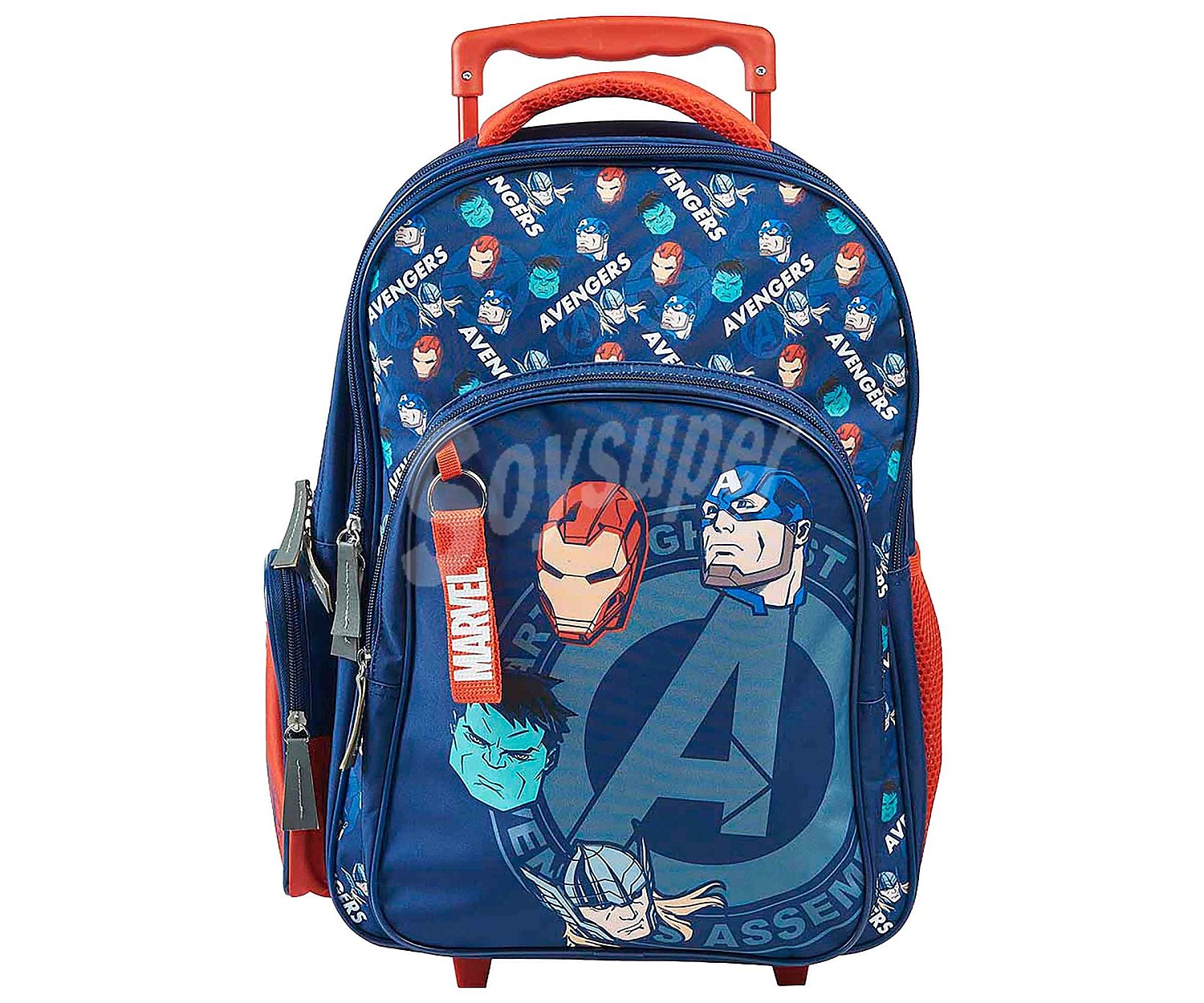 Mochila infantil con ruedas + 2 compartimentos y bolsillo frontal y lateral, marvel.