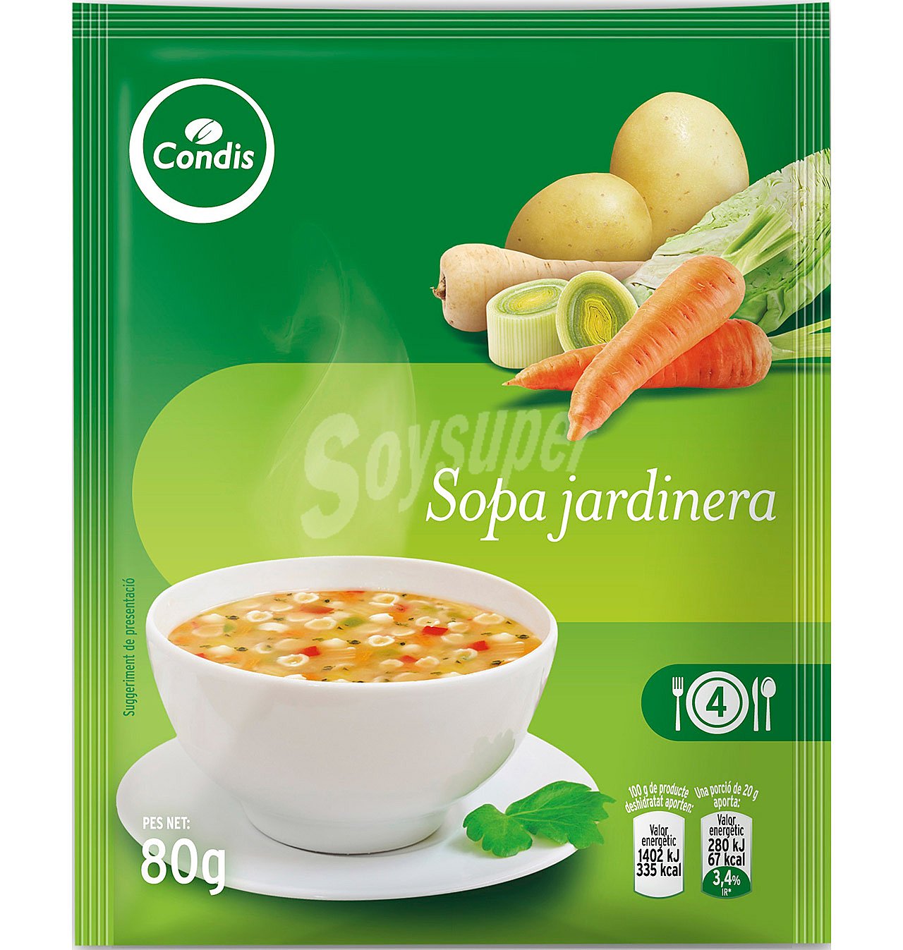 Sopa condis jardinera con verduras y conchas