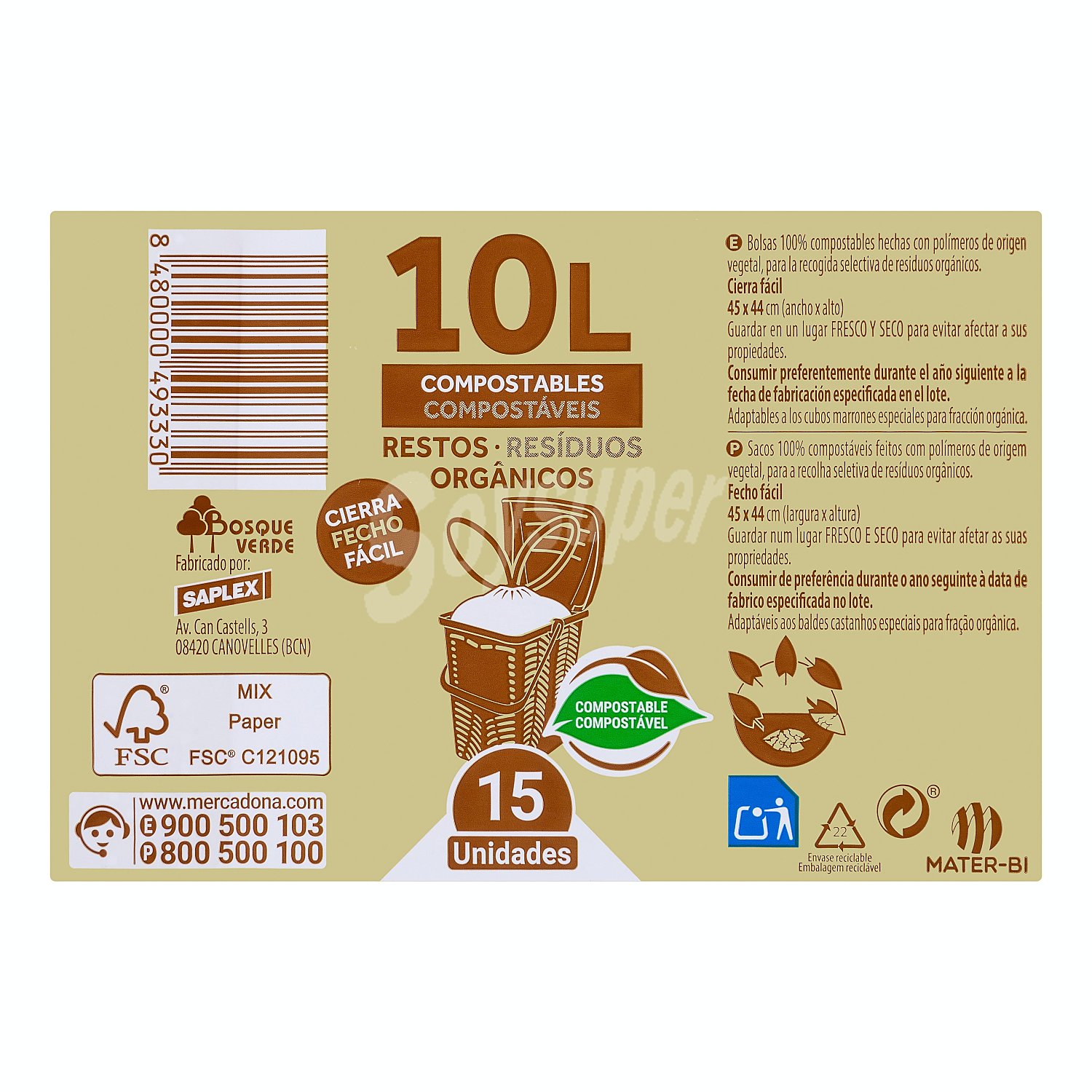 Bolsa de basura cubo pequeño 10 litros - restos orgánicos compostable cierra fácil 45 x 44 (beige)