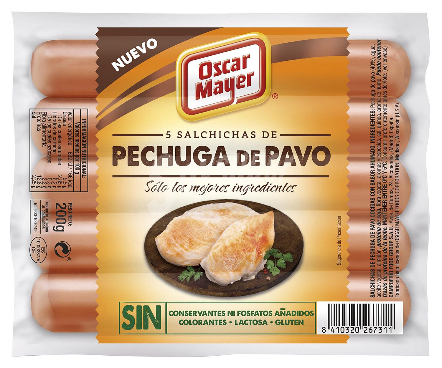 Salchichas de pechuga de pavo sin gluten sin lactosa