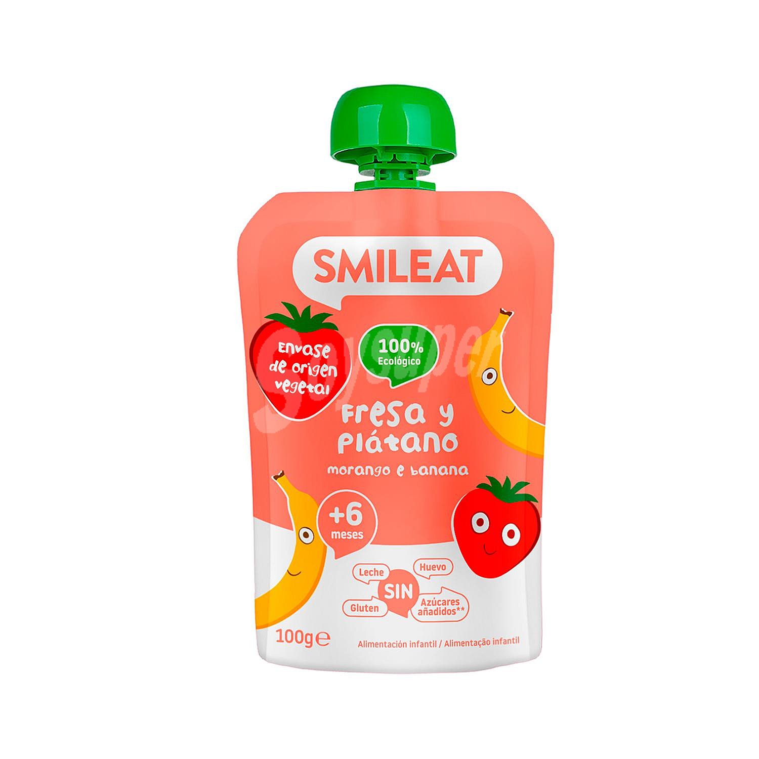 Pouch de fresa y platano ecológico Smileat sin gluten sin lactosa