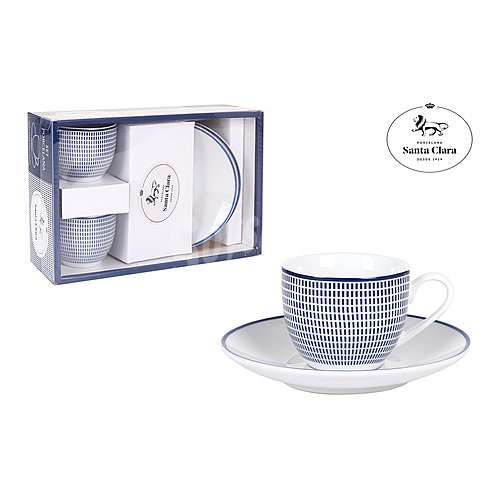 Set de 2 tazas de porcelana con plato, diseño geométrico color blanco y azul, , Diana santa calara