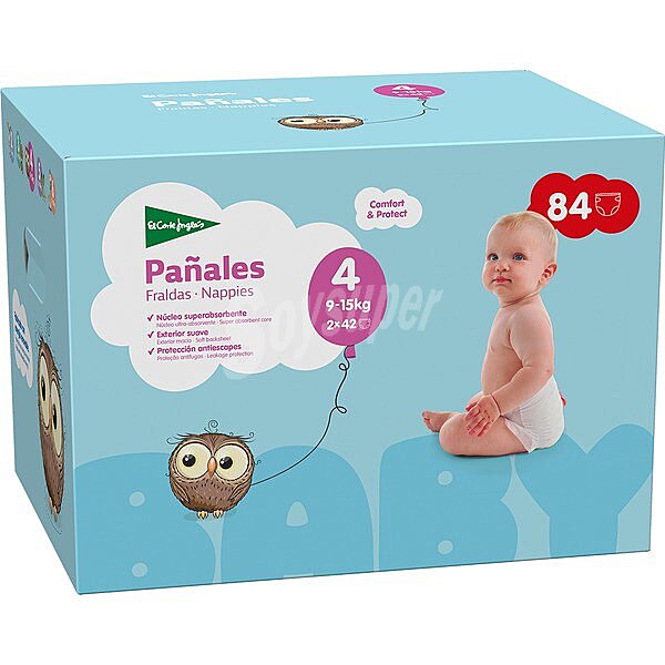 Pañales unisex de 9 a 15 kg talla 4 elásticos y transpirables caja 84 unidades