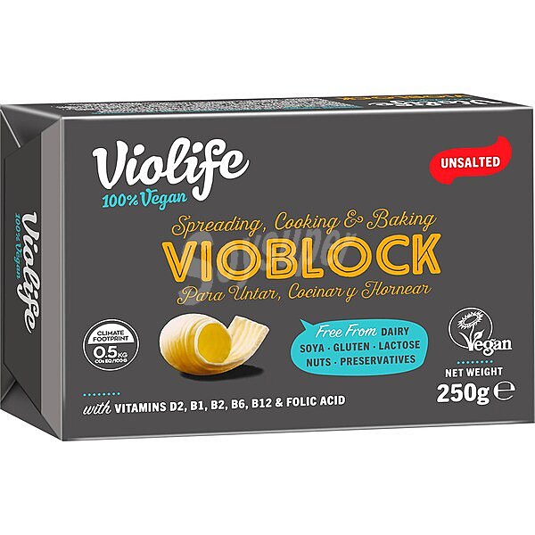 Vioblock para untar, cocinar y hornear sin gluten, sin lactosa y sin frutos secos