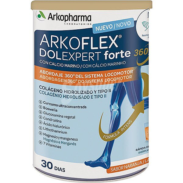 Arkoflex dolexpert forte 360º complemento alimenticio en polvo a base de Colágeno hidrolizado y tipo II nativo, Ácido hialurónico y Manganeso