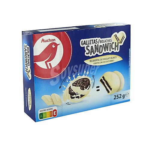 Producto alcampo Galletas sandwich con relleno de crema y bañada con chocolate blanco producto alcampo