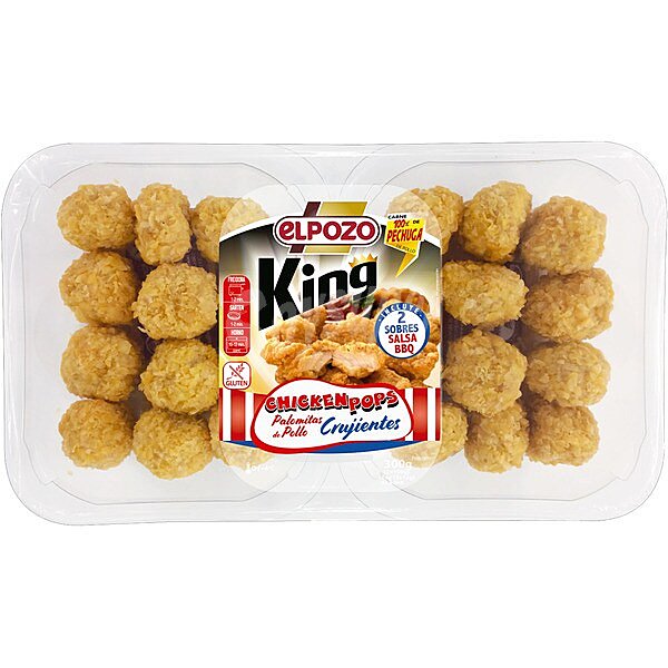 King Chicken Pops palomitas de pollo crujientes sin gluten incluye 2 sobres salsa BBQ