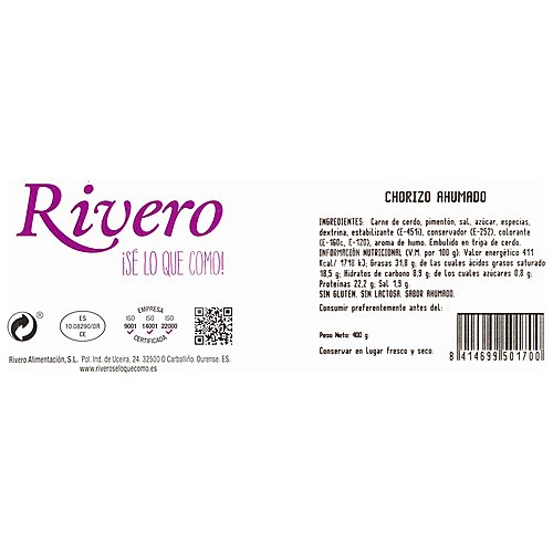 Rivero Chorizos ahumados en malla, elaborados sin gluten y sin lactosa rivero