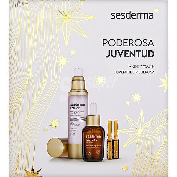 Pack Poderosa Juventud Premium: Factor G Serum rejuvenecedor 30 ml + Reti-Age 50 ml + acglicolic ampollas 2x1,5 ml + c-vit ampollas 3x1,5 ml