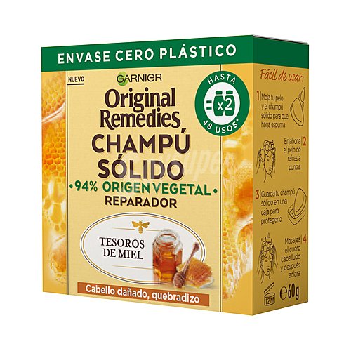 Original remedies Champú sólido reparador de origen vegetal, para cabellos dañados y/o quebradizos original remedies Tesoros de miel de Garnier