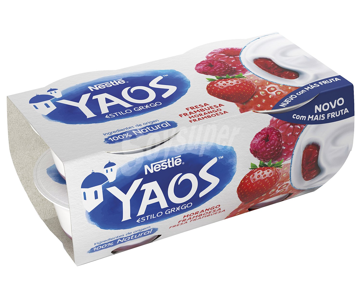 Yogur griego natural con fresa y frambuesa