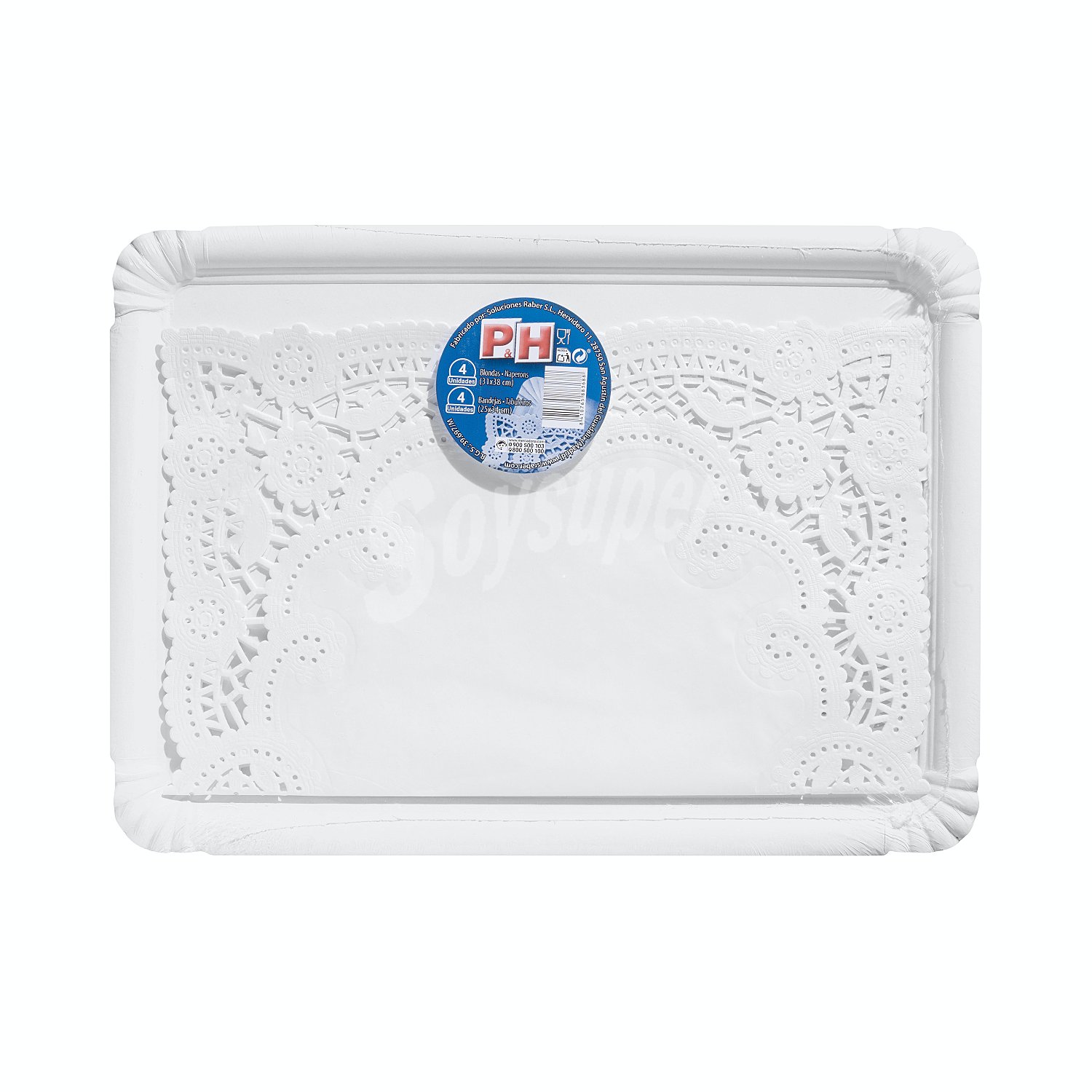 Bandeja desechable carton rectangular 25x34 cm + blonda papel blanco 4 u 31x38 cm