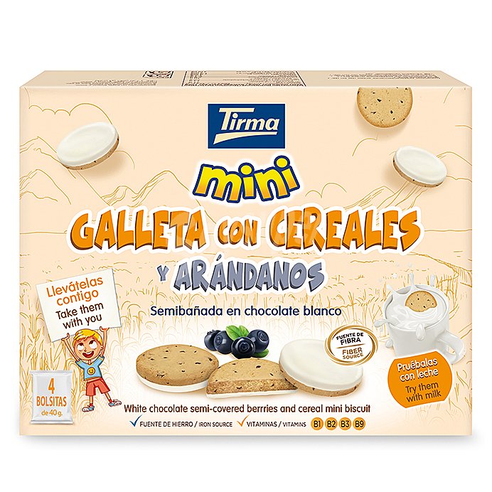 Mini galletas con cereales y arándanos semibañadas en chocolate blanco 4 packs individuales