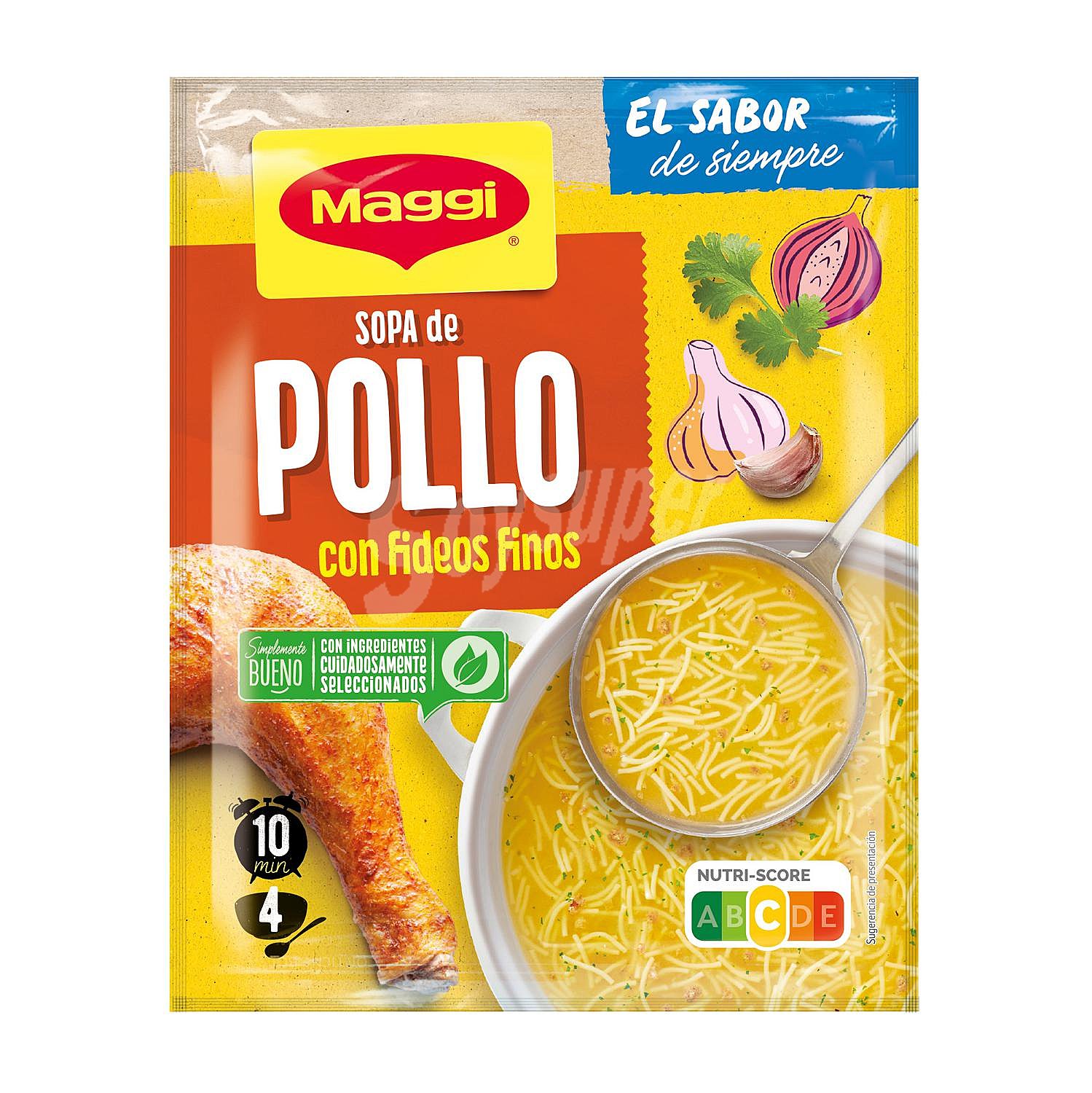 Sopa de pollo con fideos