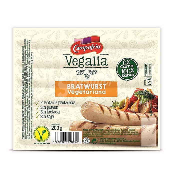 Salchichas vegetarianas tipo Bratwurst, elaboradas sin carne y sin gluten