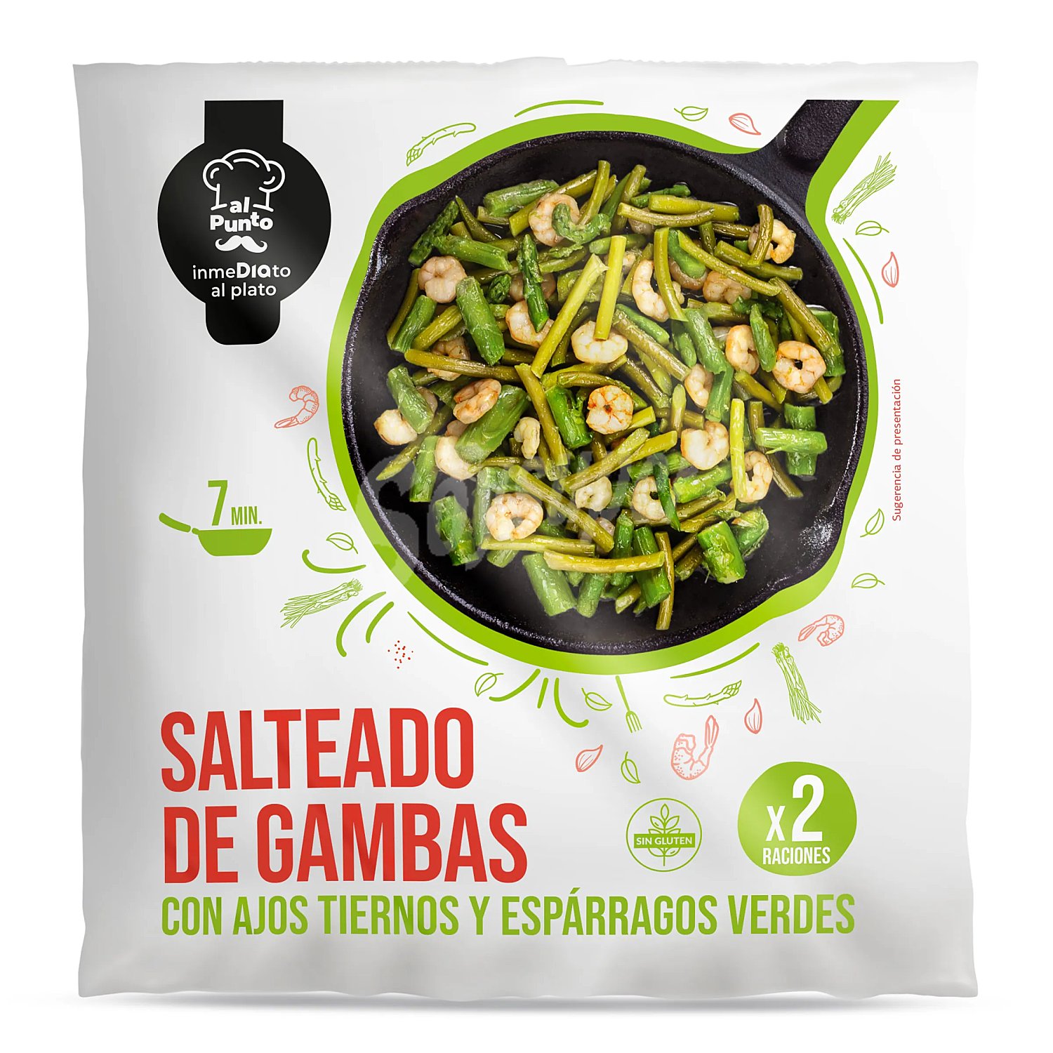 Salteado de gambas, ajetes y espárragos verdes Al Punto