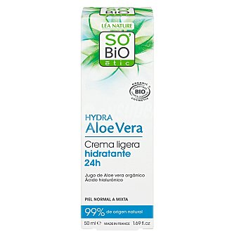 Crema ligera hidratante 24 h para piel normal y mixta con jugo de aloe vera y ácido hialurónico ecológica So´bio