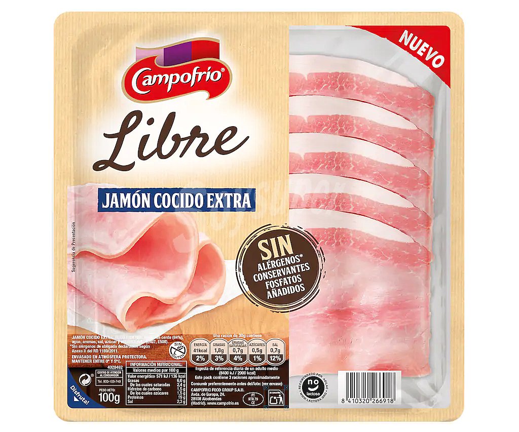 Jamón cocido libre extra en lonchas sin gluten sin lactosa