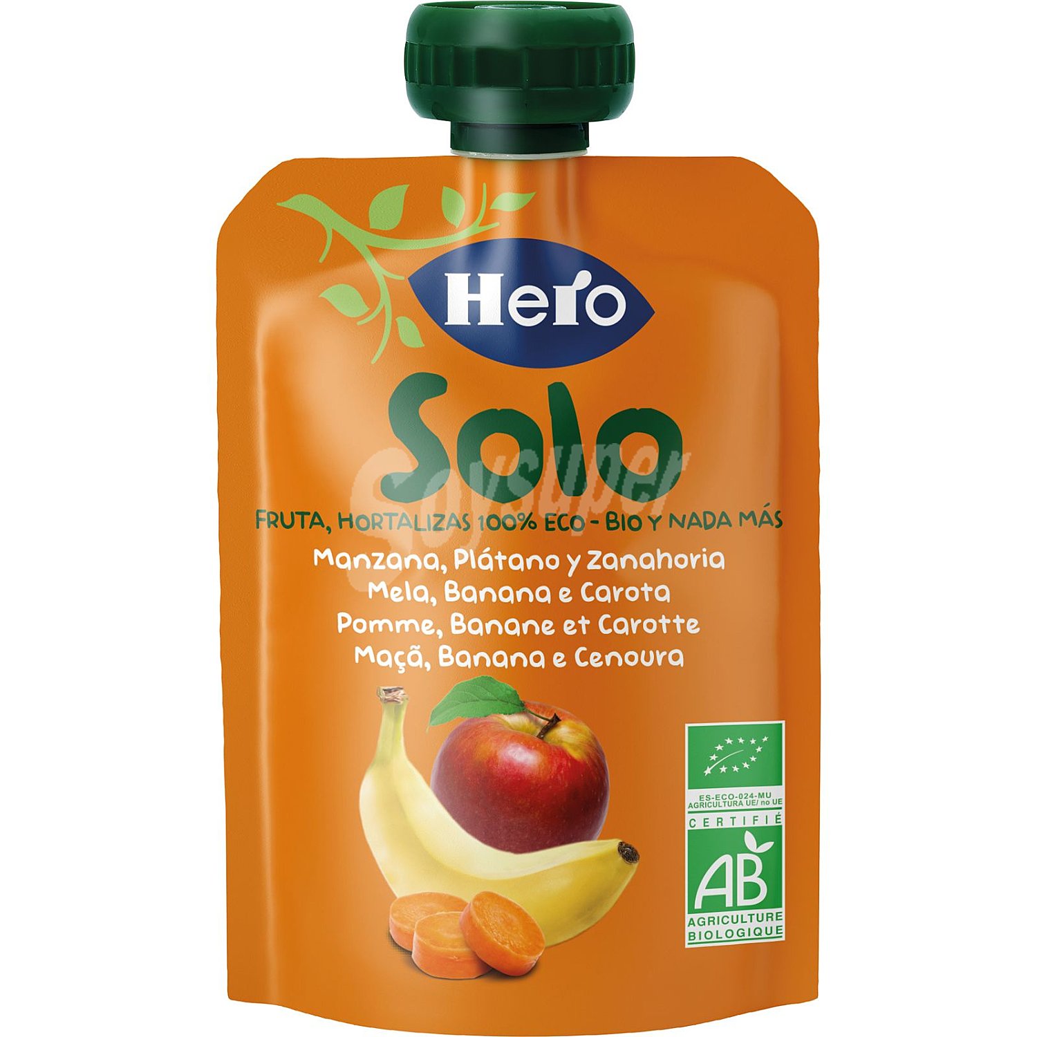 Bolsita de frutas y hortalizas (plátano, manzana y zanahoria) ecológica, a partir de 4 meses hero Solo