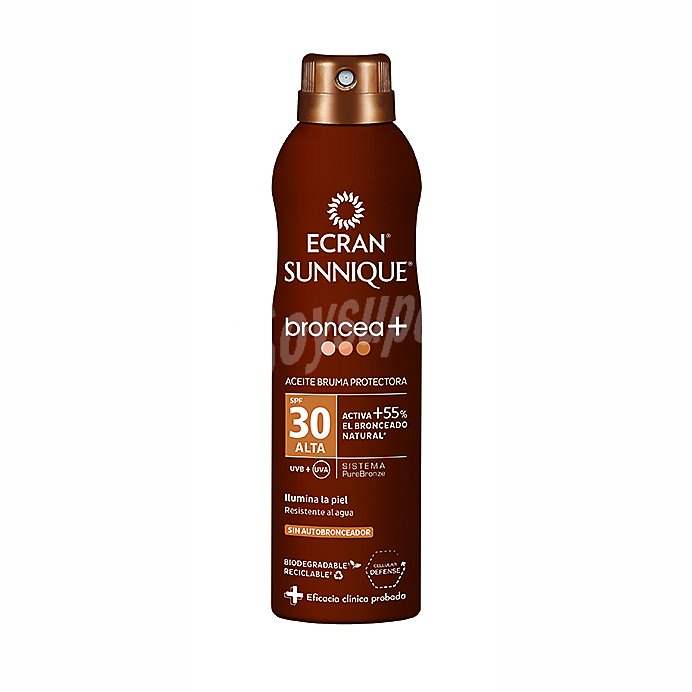 Spray aceite bruma protectora SPF30 activador del bronceado Broncea+ Ecran Sunnique