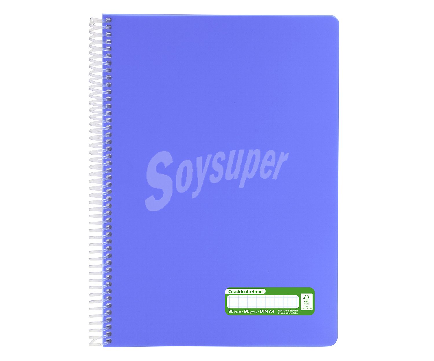 Cuaderno tamaño A4 con cubiertas de PP en color azul lavanda y espiral plástica, con 80 hojas de cuadrícula de 4mm y de en el interior, grafoplas