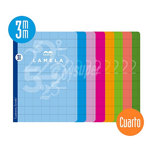 Cuaderno de tamaño A5 y 50 hojas. Cuadrovía de 3 mm., 8 colores surtidos. editorial lamela