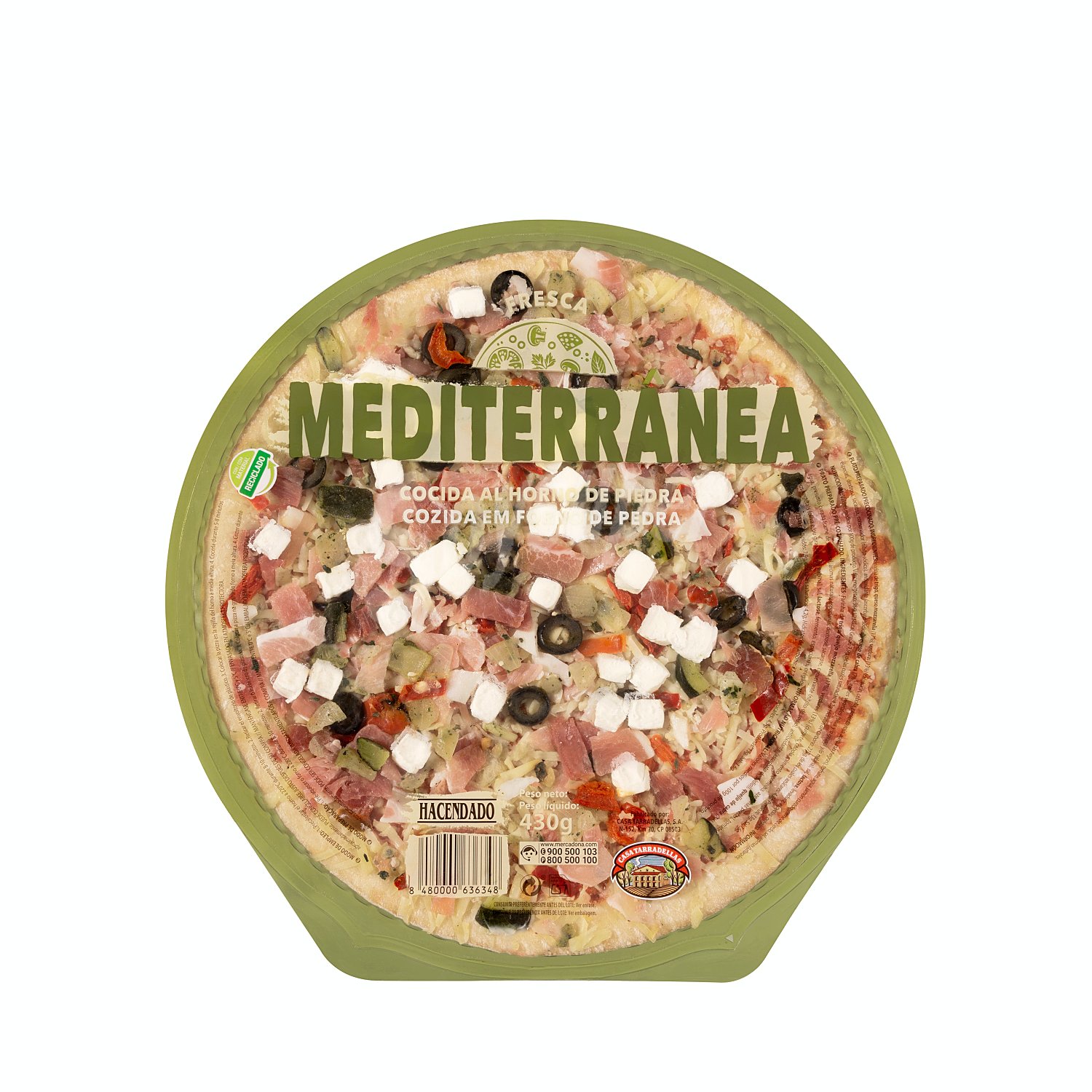 Pizza fresca mediterranea (queso cabra, calabacin, cebolla, jamon serrano, pimiento rojo, aceitunas negras)