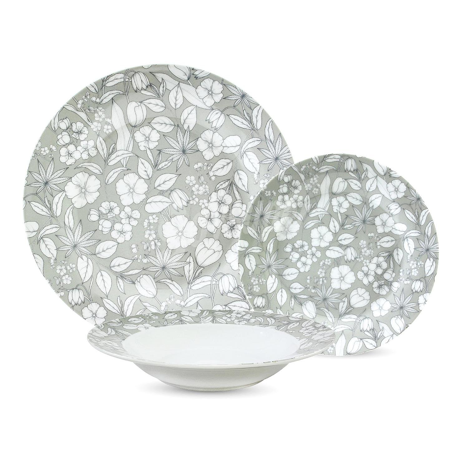 Vajilla de Porcelana carrefour home Flores 18 pzas - Gris