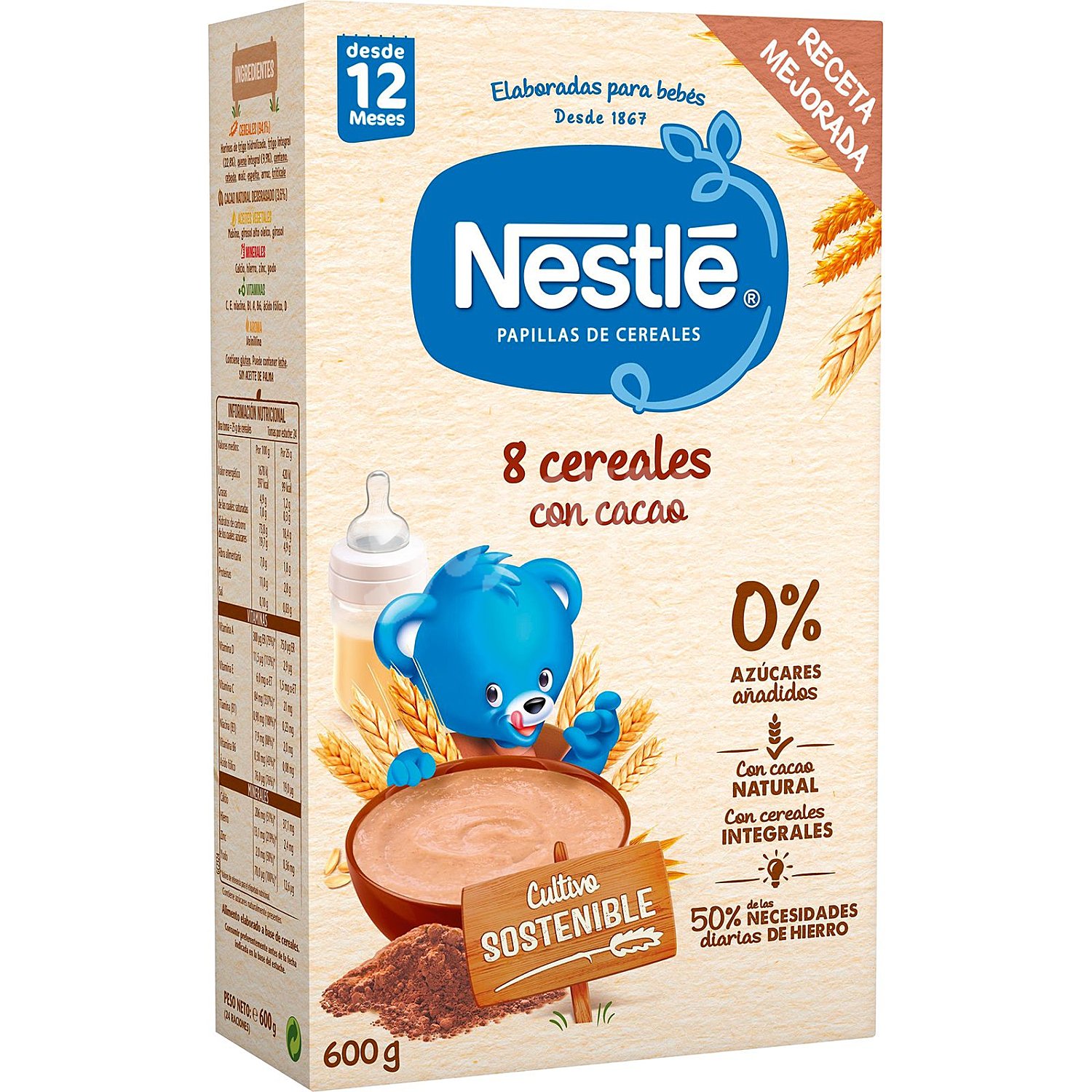 Papilla 8 cereales con cacao natural 0% azúcares añadidos desde 12 meses