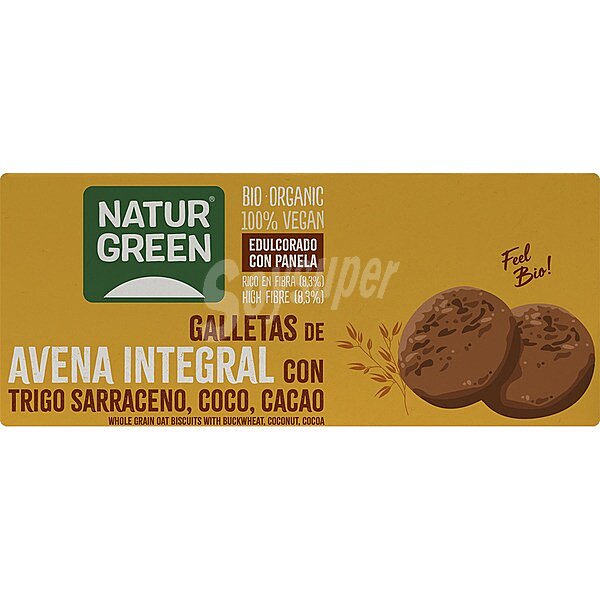 Bio Organic galletas de avena integral ecológicas con trigo sarraceno, coco, y cacao